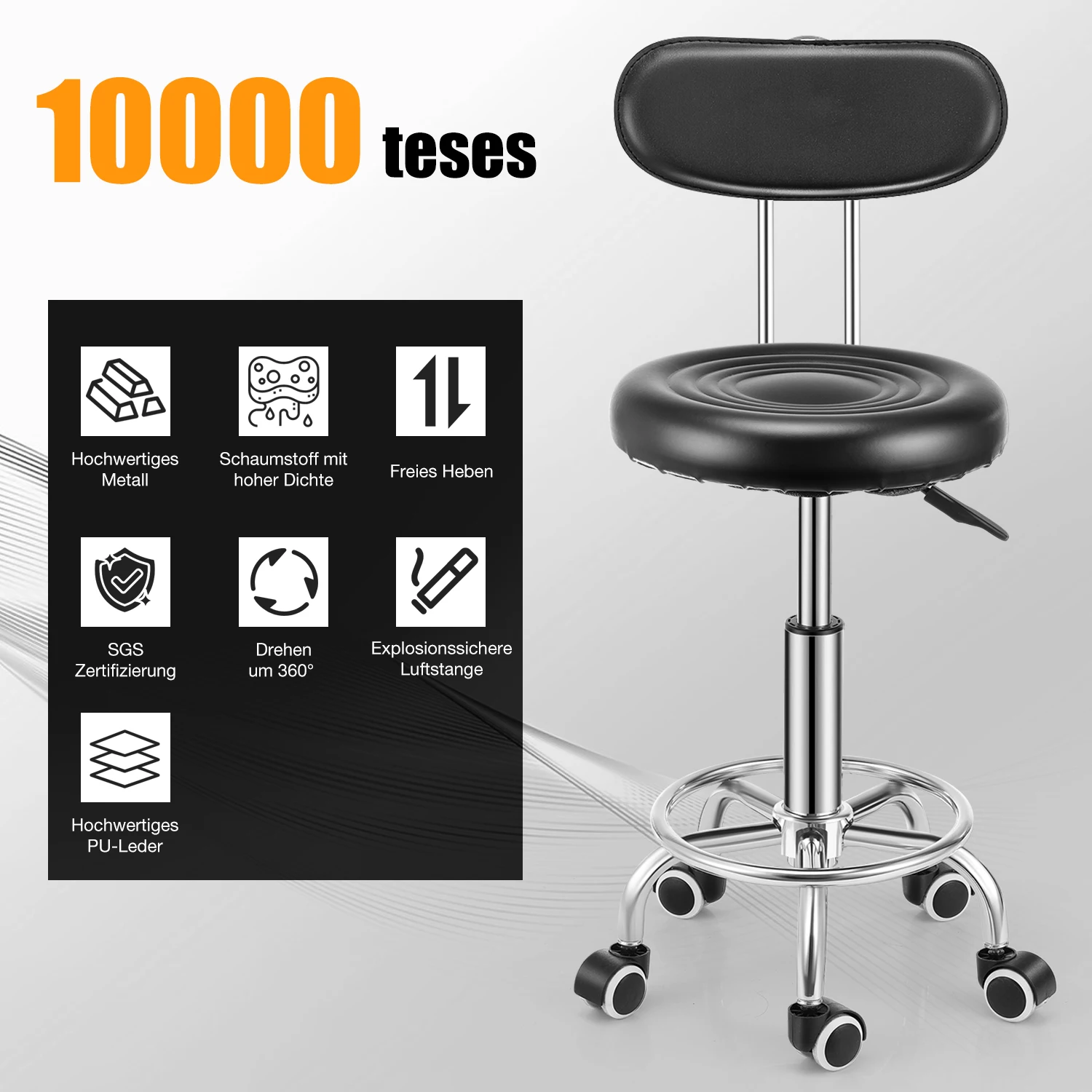 PU Leather Modern Rolling Stool with Low Back Height Adjustable Work Salon Drafting Swivel Task Chair with Footrest (Black)