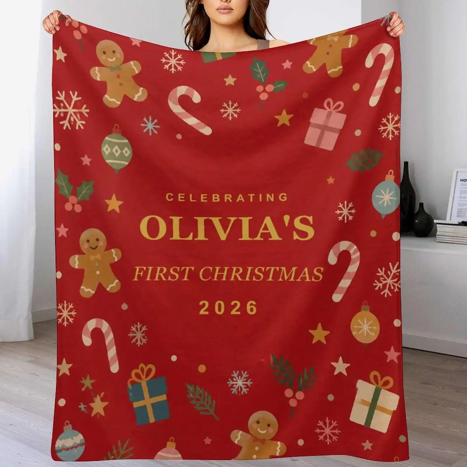 Christmas Personalized First Christmas Blanket, Custom Name and Year Flannel Throw Blanket 5 Festive Backgrounds