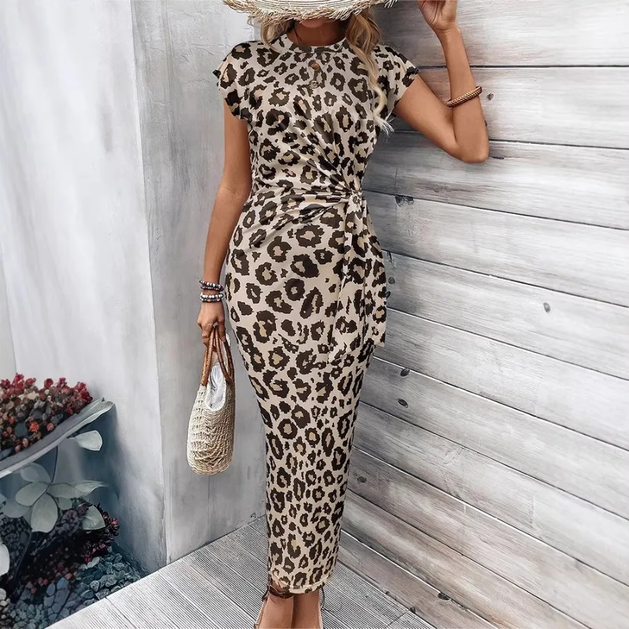

【New style】 Independence summer new leopard-print printed short-sleeved dress waist one-step dress temperament commuting