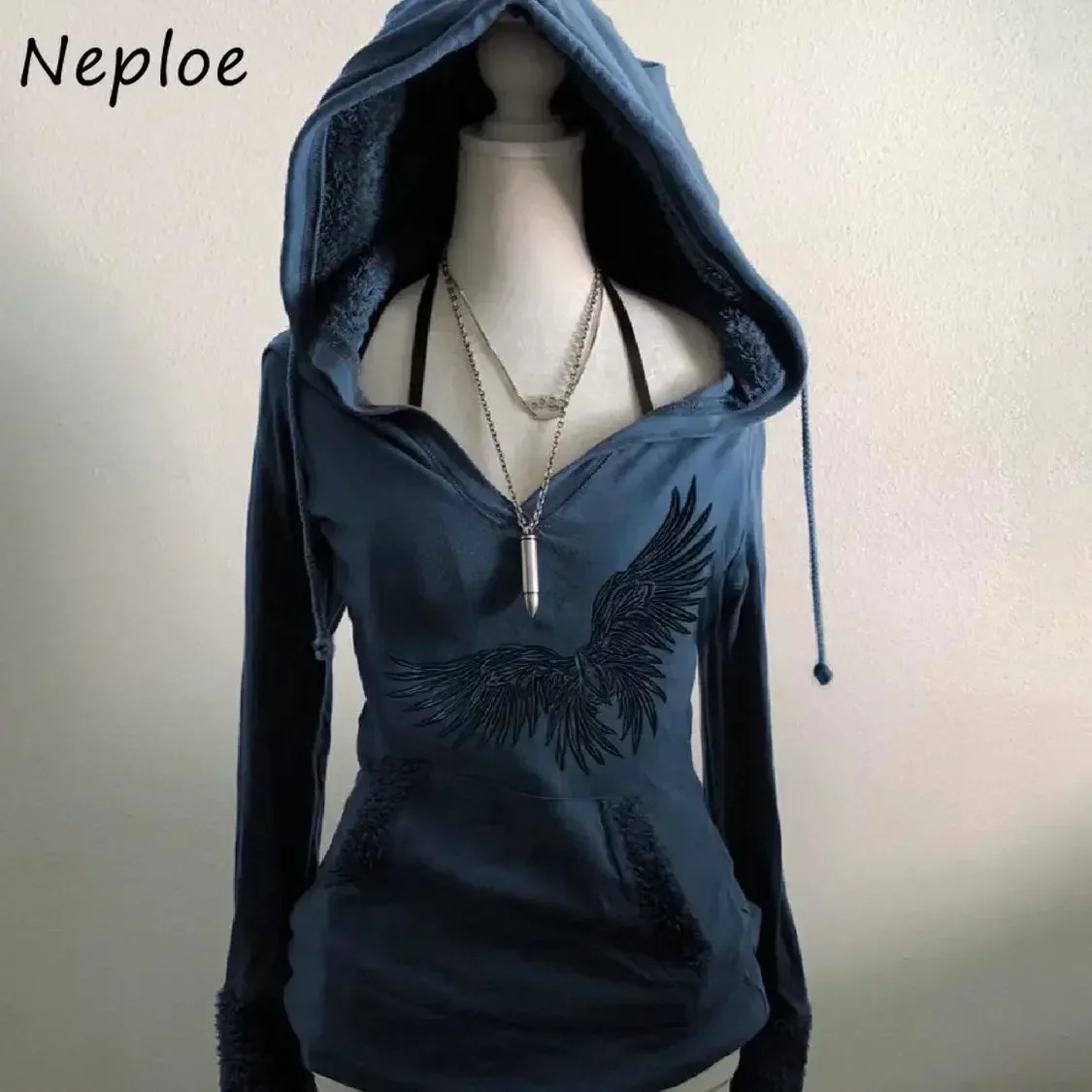 Neploe Sweet American Harajuku Fairy Grunge Vintage Women Sweater Lamb Wool Hooded Print Crop Top Slim Waist Y2K Minority Hoodie