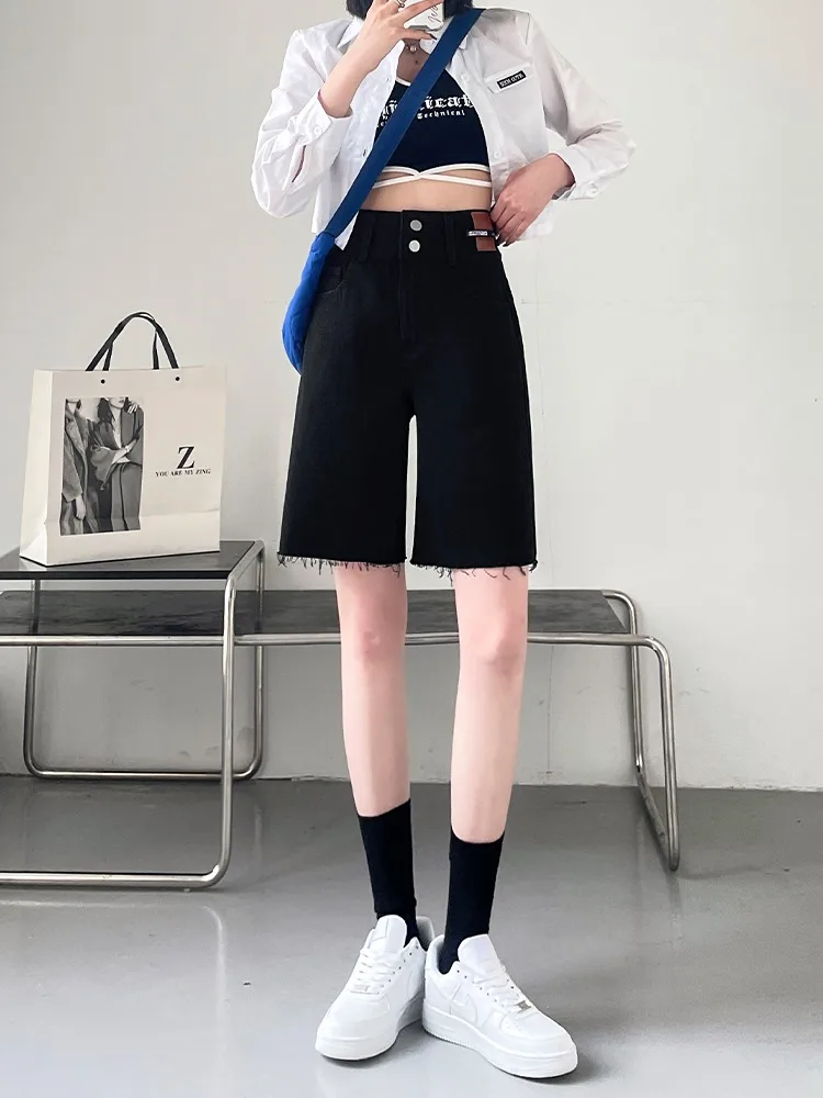 

High Waist Five-Quarter Thin Denim Jeans Women's Summer Loose Straight Leg Slimming Shorts with Frayed Hem Cotton Stretch Denim