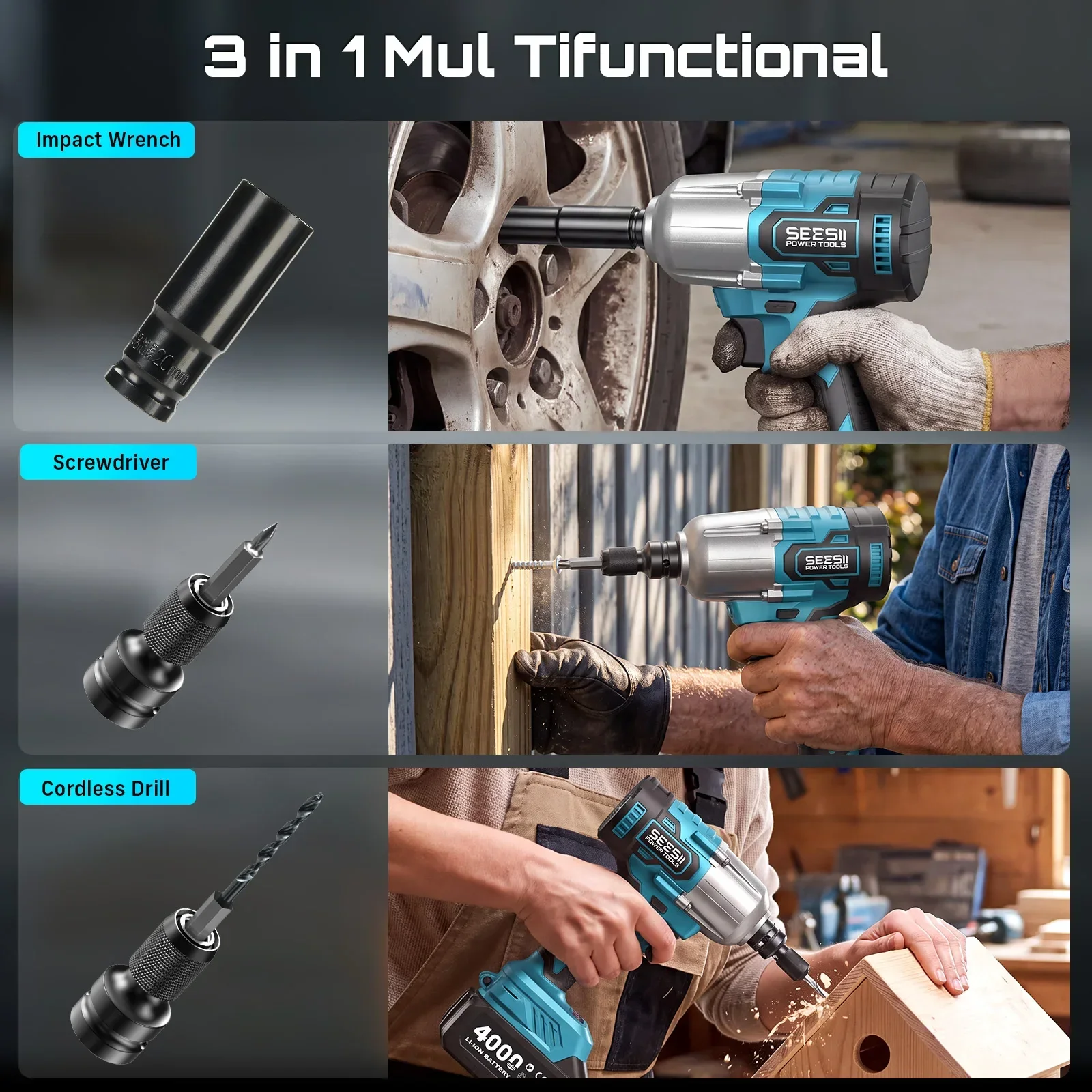 SEESII WH650 Pro 800Nm Impact Wrench & Screwdriver & Cordless Drill 1/2