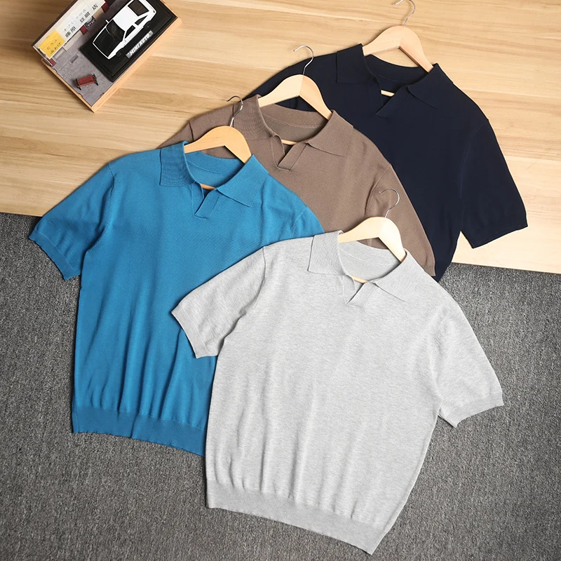 Elegant Cuban Collar Knitted Short Sleeve  Shirt Versatile Casual Breathable Summer T-Shirt for Young Men in Standard Fit