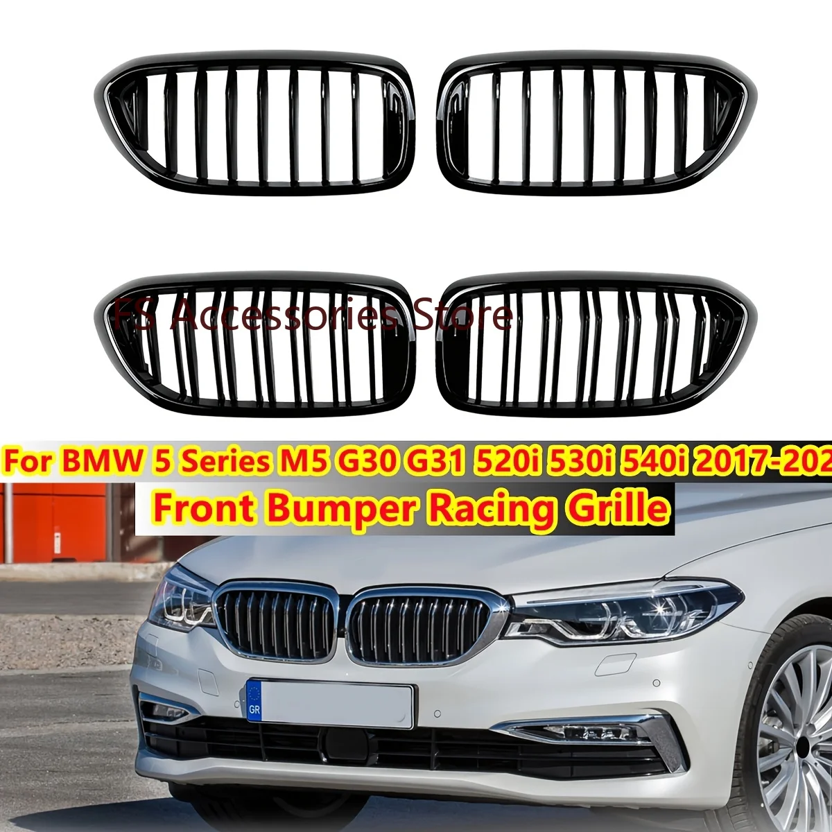 Grelha dianteira esportiva para BMW Série 5 G30 G31 520i 530i 540i M5 2017-2020, grelha dupla preta brilhante.