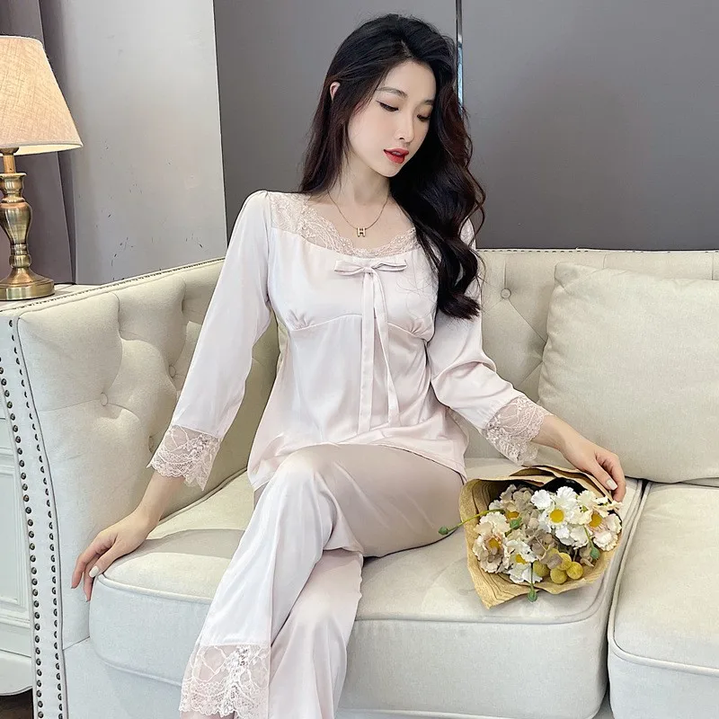 

V-Neck Two Pieces Sleep Set Women Satin Pajamas Suit With Bow Spring New Nightwear Sexy Pyjamas Loungewear Casual Lingerie