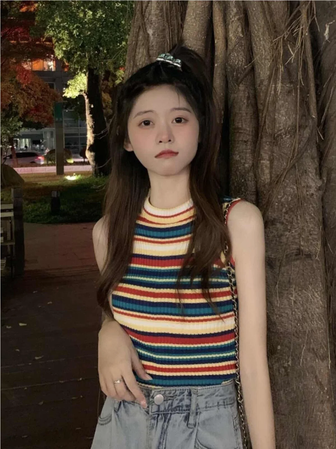 

Женский летний вязаный топ на бретельках с радужными полосками, модный дизайн, универсальный, без рукавов