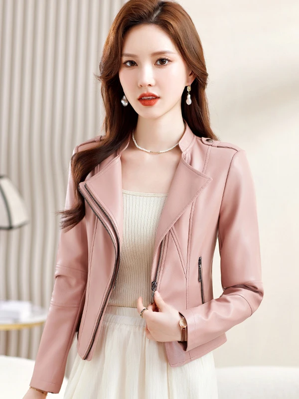 Manteau en cuir véritable pour femme, coupe ajustée, décontracté, avec fermeture éclair, style coréen, collection Printemps-Automne 2025