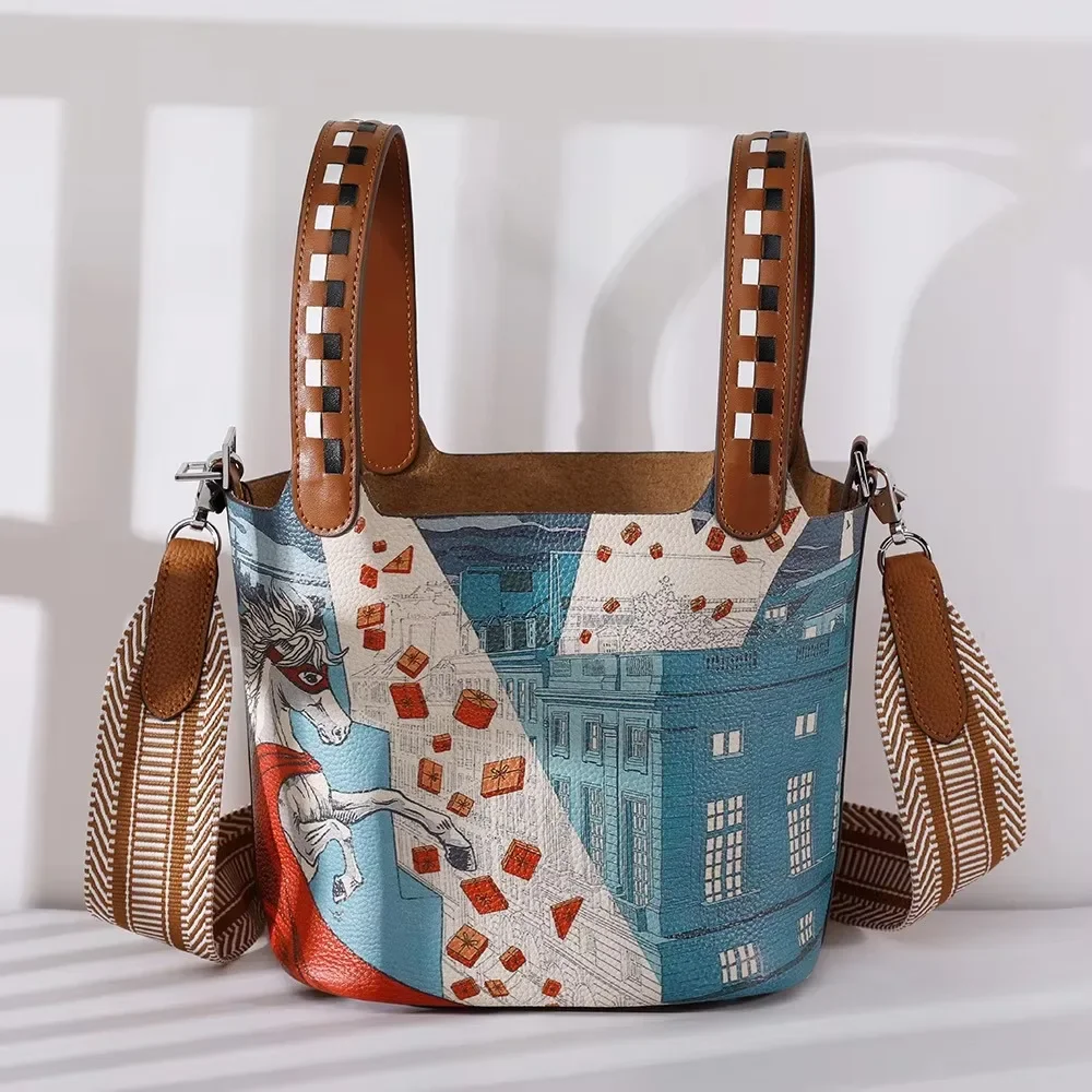 

First Layer Cowhide Painted Vegetable Basket Ethnic Style Portable Women Bag Adjustable Shoulder Strap Bucket Bag Large Capacity