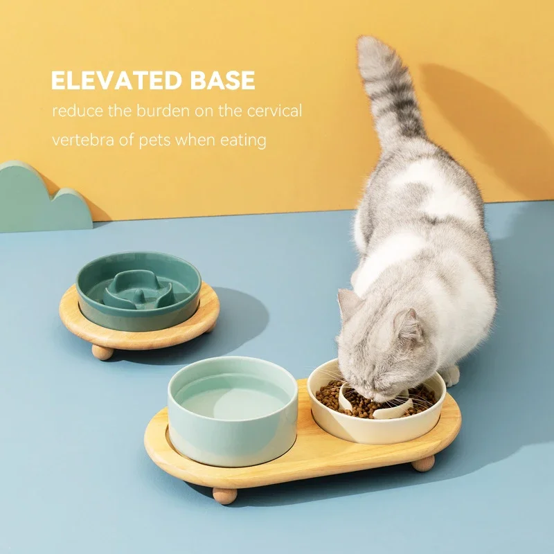 Small Dog Slow Feed Bowl Elevated Cat Drinking Eating Ceramic Bowls with Wooden Stand Pet Anti-Gulping Feeding Food Water Plate