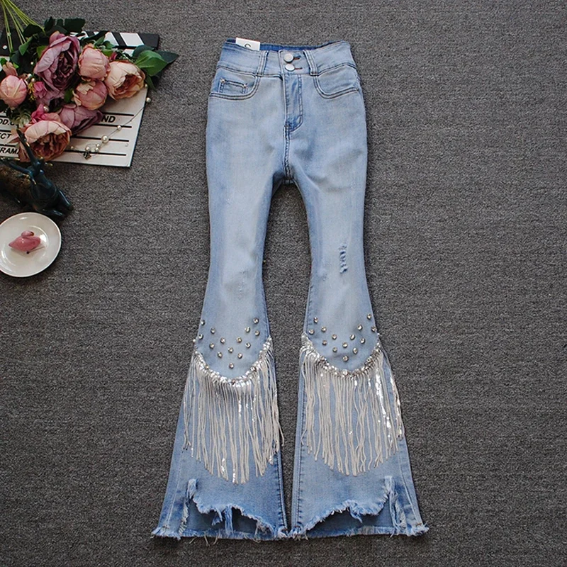 Spring Summer New High Waist Nail Bead Studded Diamond Fringed Cropped Pants Short Jeans Hot Dance Troupe Micro Flared Pants
