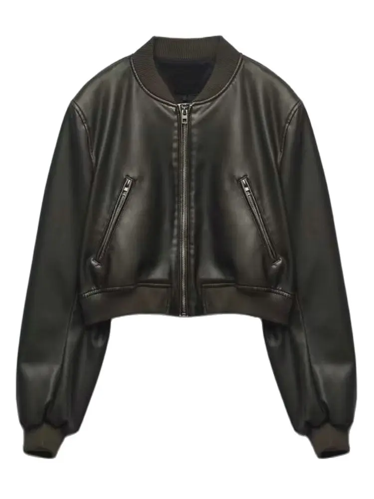 

2023 Women's Vintage Bomber Chic Cropped PU Faux Leather Gothic Racing Jackets Female Biker Motorcycle Baseball Coats Streetwear