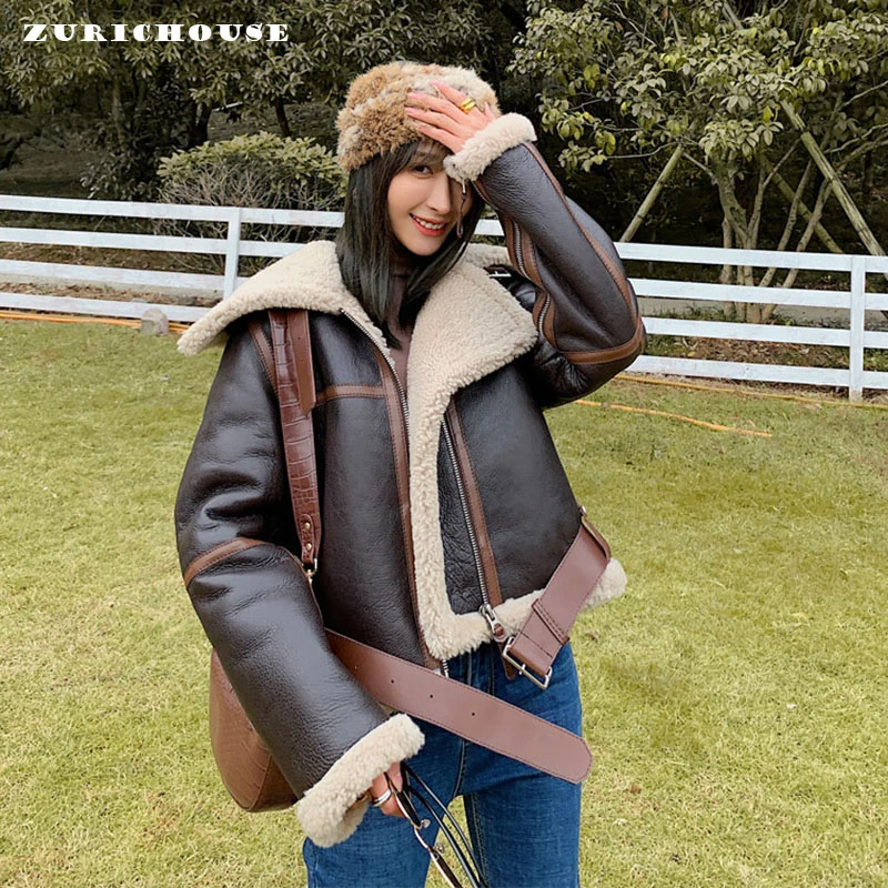 

ZURICHOUSE Real Fur Winter Jacket Women Short Motorcycle Jacket 2024 Fashion High Quality Genuine Leather Lambswool Coat