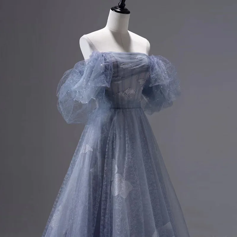 Abito da sera elegante blu, cinturino nuovo stile da donna, abito da sposa di lusso francese per adulti di compleanno di fascia alta di nicchia, toast