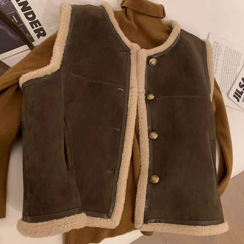 Gilet in pile per donna gilet in peluche con scollo a v cardigan Casual senza maniche giacche oversize invernali in pelo di agnello top larghi da donna