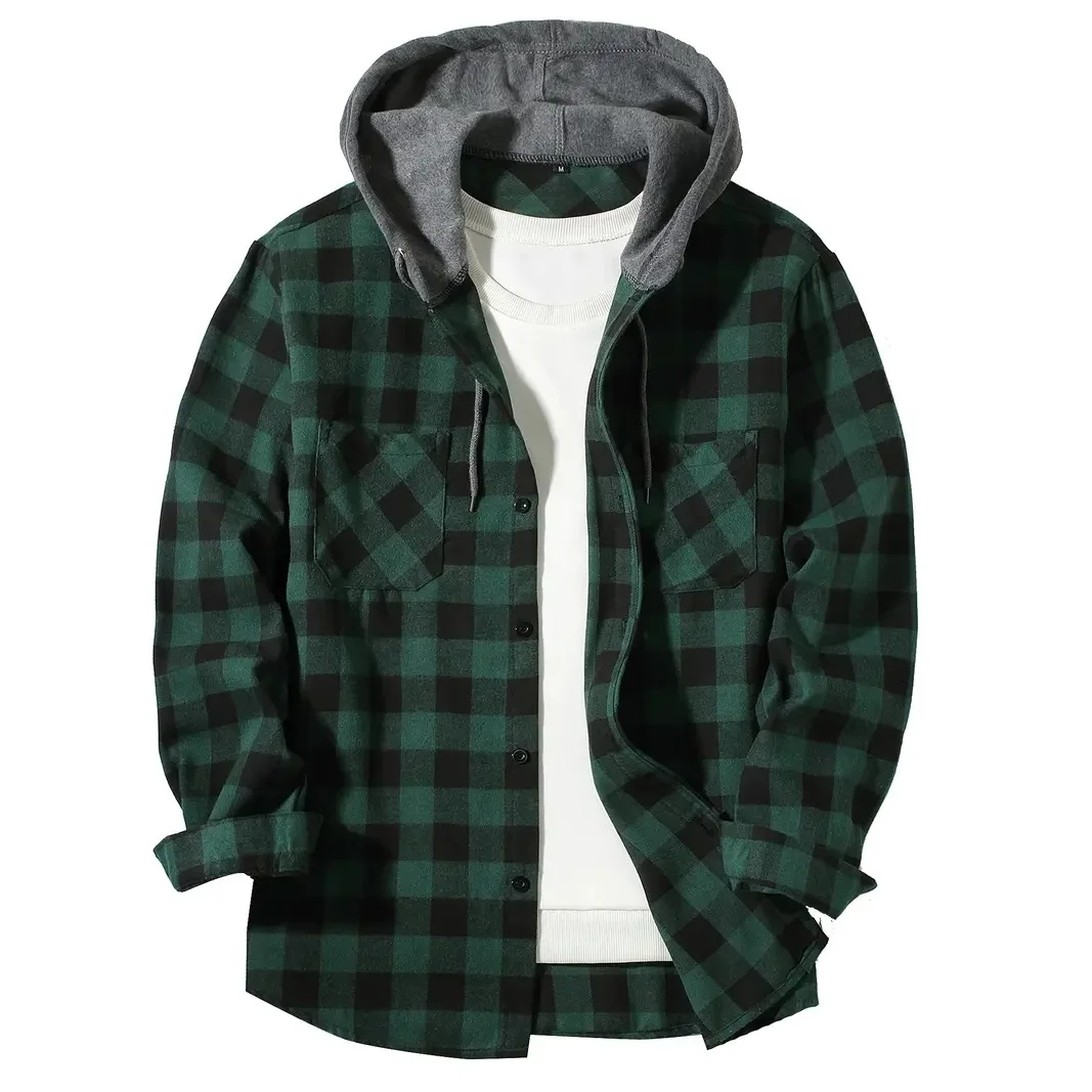 Felpe con cappuccio da uomo primavera autunno camicie classiche Plaid Casual abbottonate con cappuccio a maniche lunghe doppie tasche camicia giacca di flanella top