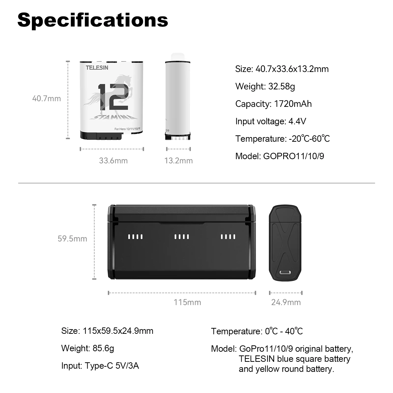 بطارية التحمل من TELESIN بقدرة 1750 مللي أمبير في الساعة لـ GoPro Hero 12 11 10 9 ملحقات GoPro صندوق بطارية اختياري لكاميرا GoPro 12 باللون الأسود #6