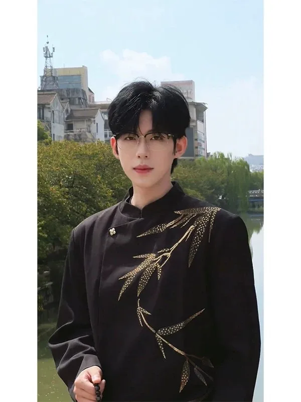 

New Chinese Sle Men's Casual Suit Jaet with Embroidery Collar Stand up Wedding Ceremony Clothing Snake aped Bamboo Embr...