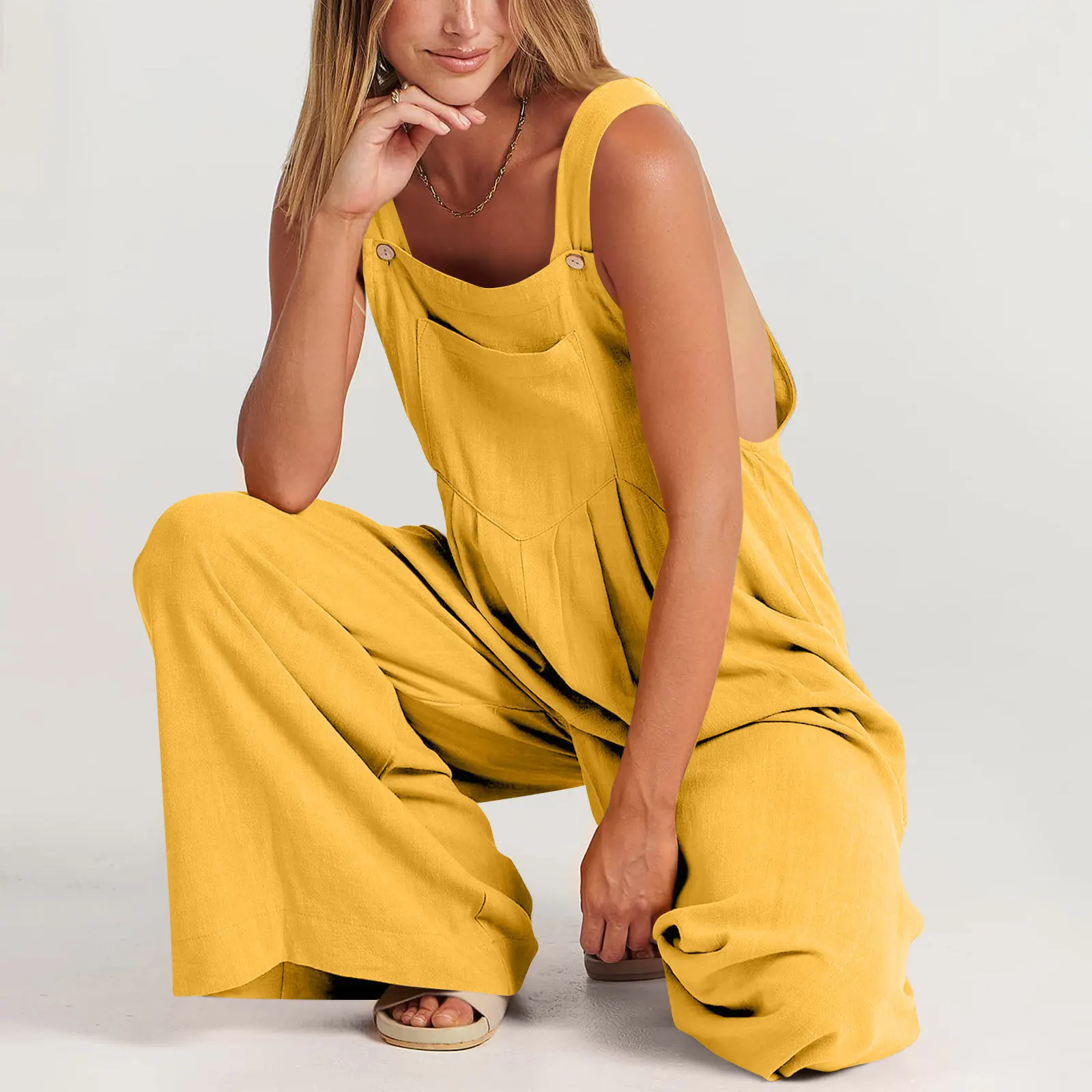 Fashion tali Spaghetti Jumpsuit katun Linen saku Jumpsuit wanita 2023 Jumpsuit wanita keseluruhan Solid kaki lebar kasual longgar musim panas