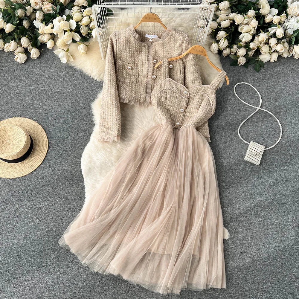 

Luxury Elegant Women Dress Sets Short Coats+Spaghetti Strap Tulle Dresses 2023 New Spring Autumn Female Two-Piece Suits