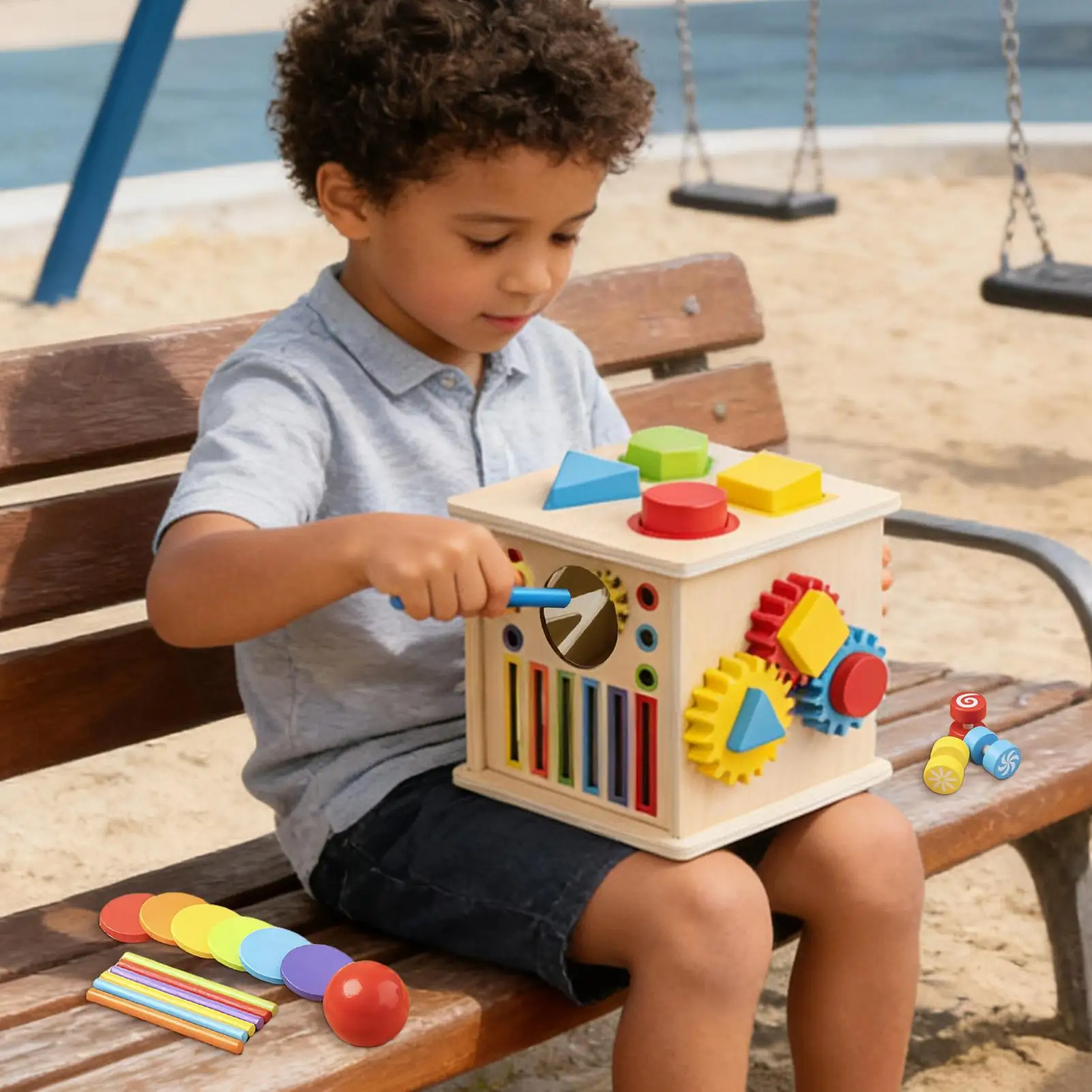 8 w 1 Zabawki edukacyjne Montessori Kostka sensoryczna Drewniane zabawki do sortowania kolorów i kształtów Zabawka edukacyjna typu fidget Skrzynia skarbów