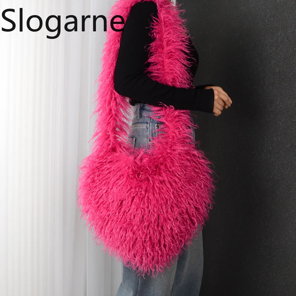 

2026 New Faux Mongolian Fur Shoulder Bag Women Luxury Fur Crossbody Bags Love Shape Y2k Punk Girls Fluffy Tote Handbag Furry Bag