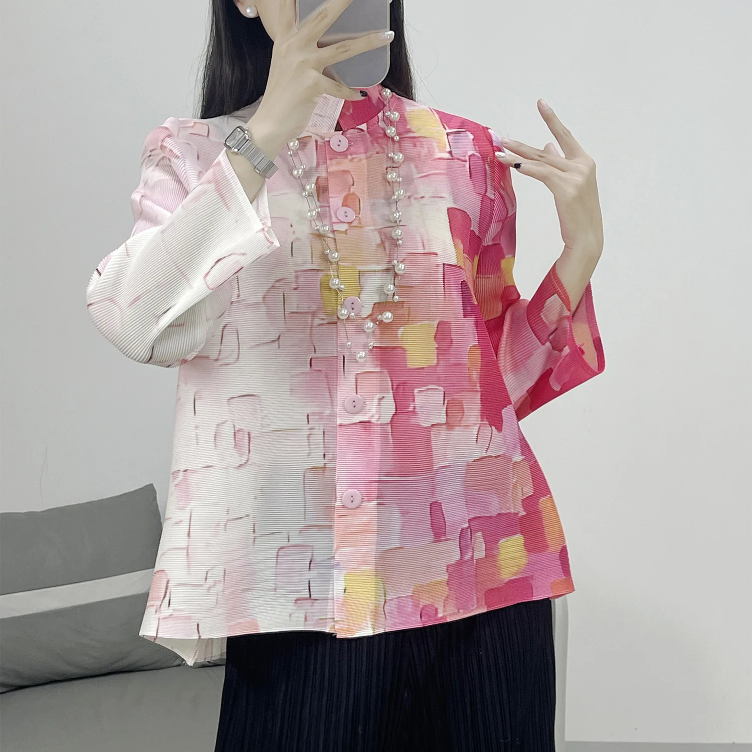 

Miyake Pleated Loose Casual Large Size Printed Shirt Stand Collar Top Women's Versatile Pleats Women's 2024 New Cardigan