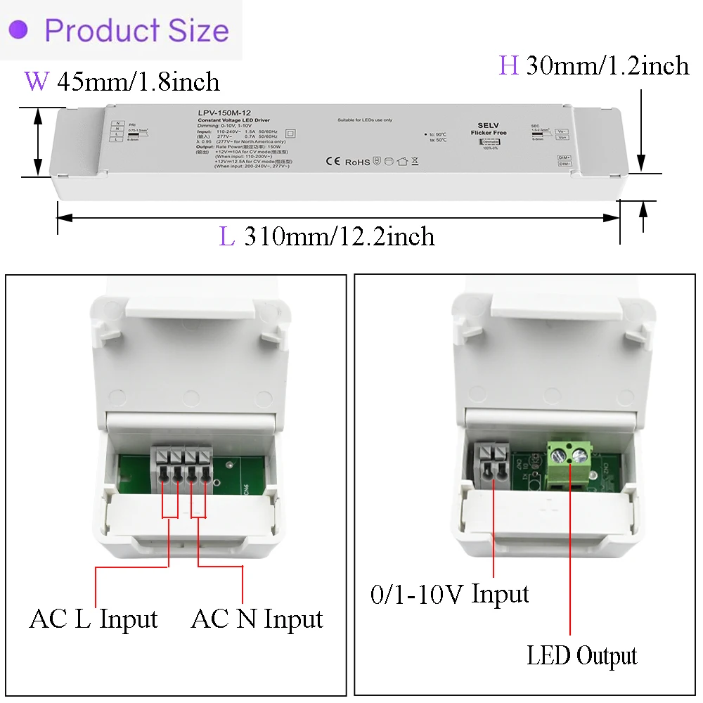 Ściemnialny sterownik LED 150W AC110-277V do DC 12V 24V 0-10V / 1-10V / 10V Zasilacz ściemnialny z rezystorem PWM / odpowiedni do użytku LED