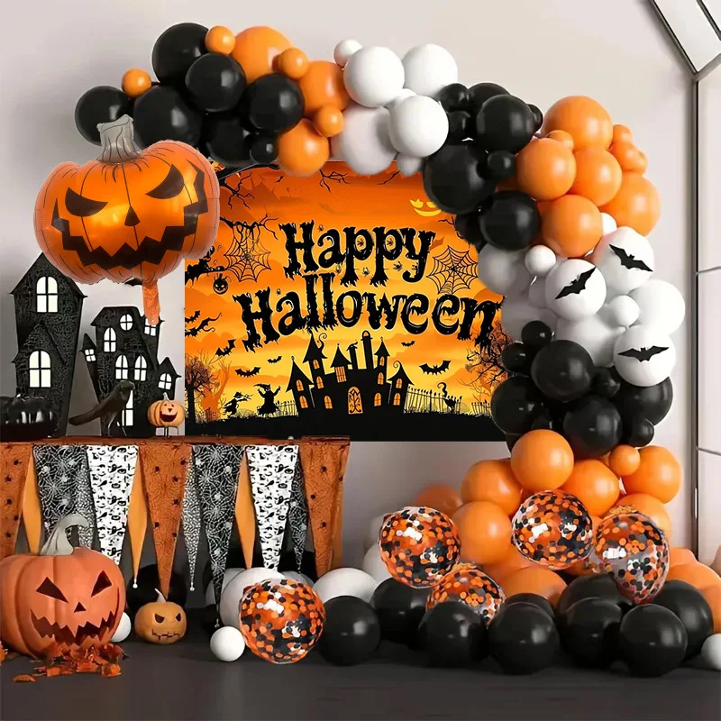 Halloween Pumpkin Foil Balloon Set Balloon Garland And Hanging Cloth For Holiday Party Scene Decor