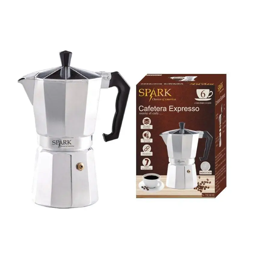 SPARK. Cafetera Expresso Clásica de INDUCCIÓN. 6 TAZAS. de Aluminio Premium.  Mango Ergonómico. Café. Italiana.