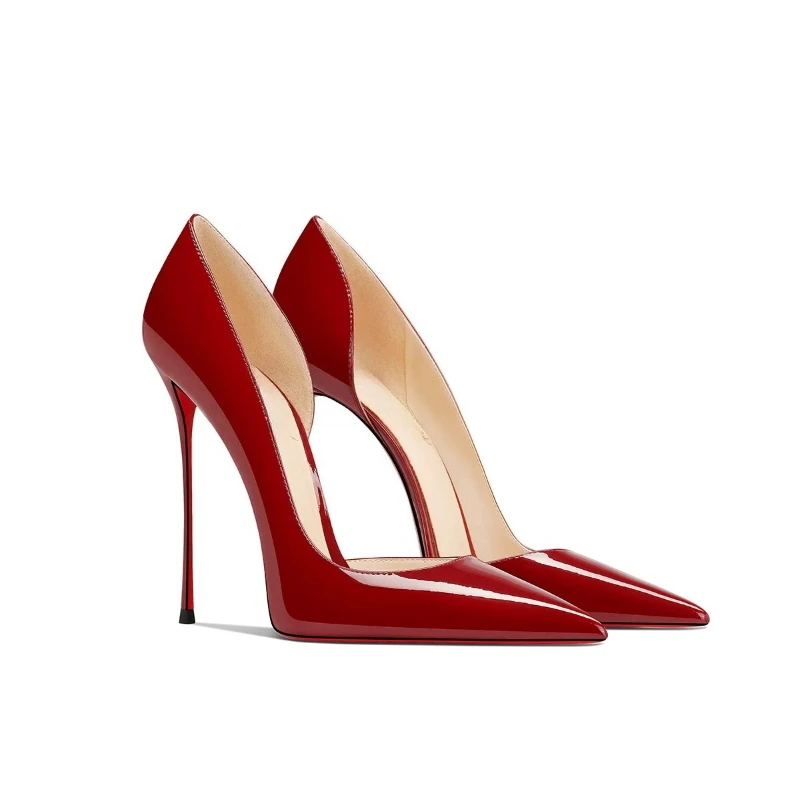 New versatile pointed thin heel high heels for women, wine red patent leather, sexy temperament, not tiring foot sole shoes