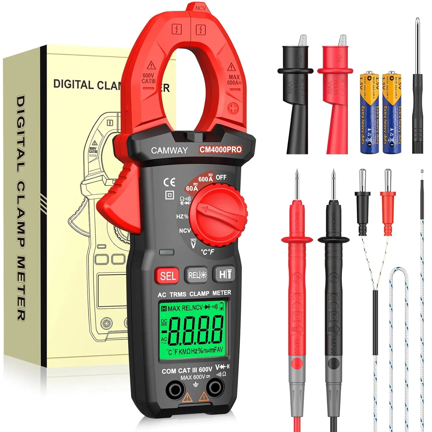 4000counts Digital Clamp Meter TRMS 600A DC/AC Current Voltage NCV Continuity Resistance Capacitance Temperature Diode Test