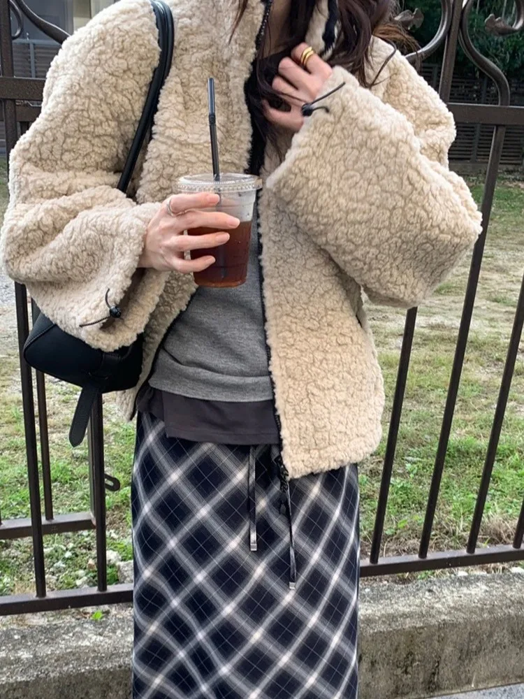 

Korean Sle Loose Fit Lamb Fur Jaet Women's Winter New Small Size Trendy Stand Collar Dstring Warm Outerwear