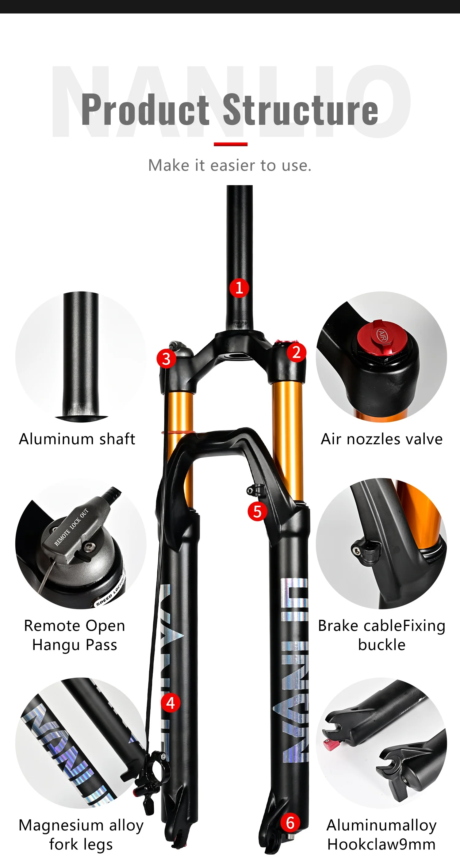 NANLIO X7 PRO MTB Luftfederungsgabel 26 27,5 29 Zoll 120 140mm Federweg mit Rückprall-Einstellung Metallbuchsen Schwarz Gold Fahrradgabel – Detail 16