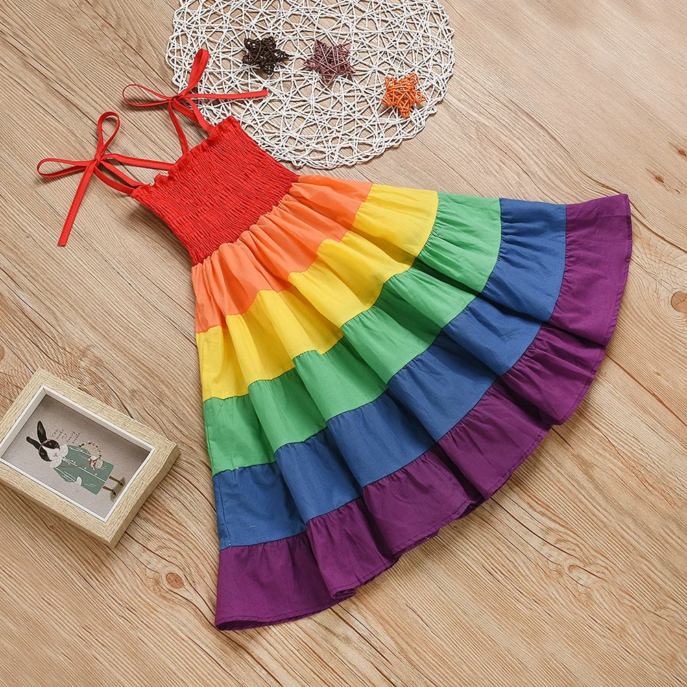 

1 Pcs Dynamic Rainbow Skirt Colorblock Skirt Elegant Sleeveless Dress for Baby Girls Festival Performance Costume