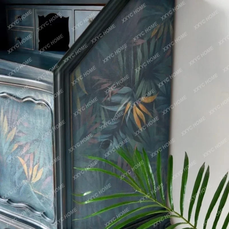 Blue Floral Print Chest of Drawers Vintage Distressed Storage  New Classical Solid Wood Bedside Cabinet