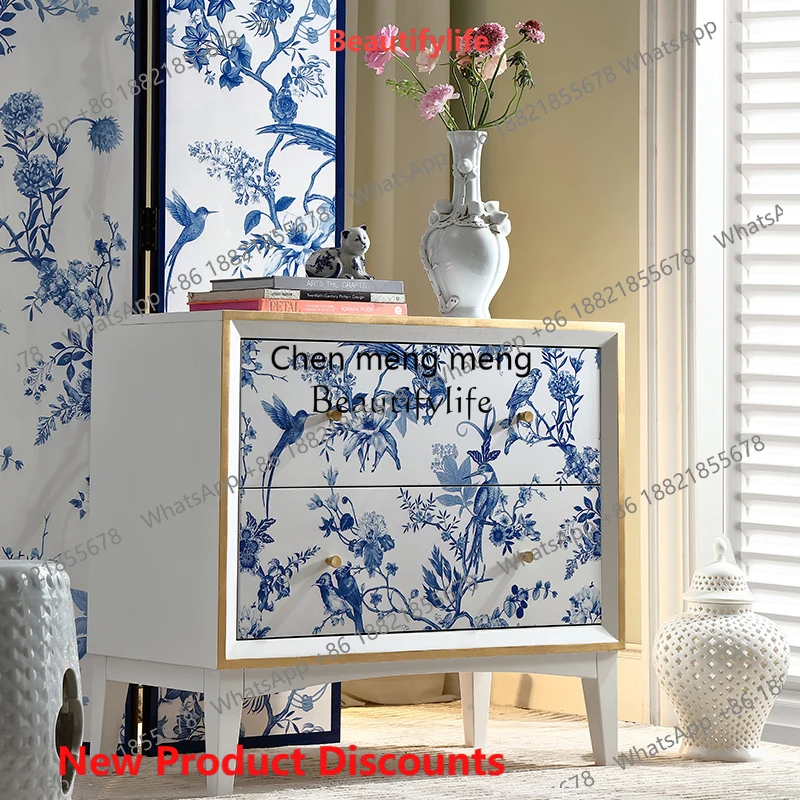Z10Blue and white porcelain white solid wood French antique multi-purpose entrance cabinet storage Chinese style decorative cabi