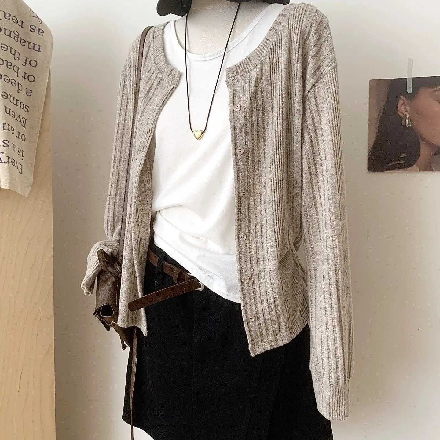 Women's Long Sleeve Knitted Sweater Double Sided Wear Slim Fit Spring Autumn Design Open Cardigan Outerwear Trendy Meat Covering