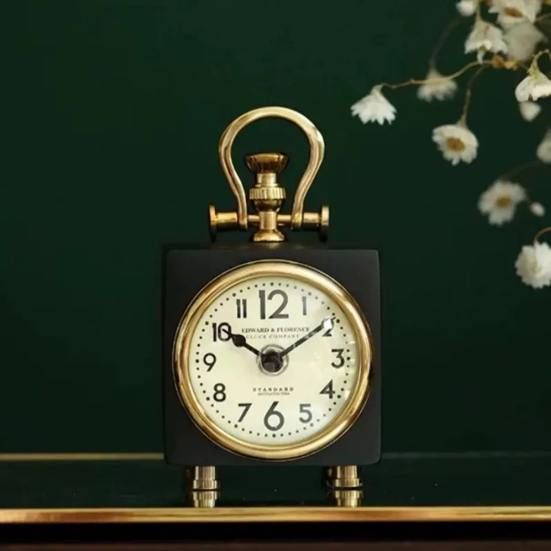 Metal Table Clocks American Handle Square Stylish Desk Clocks Luxury Vintage Desktop Ornament Bedroom Living Room Decoration