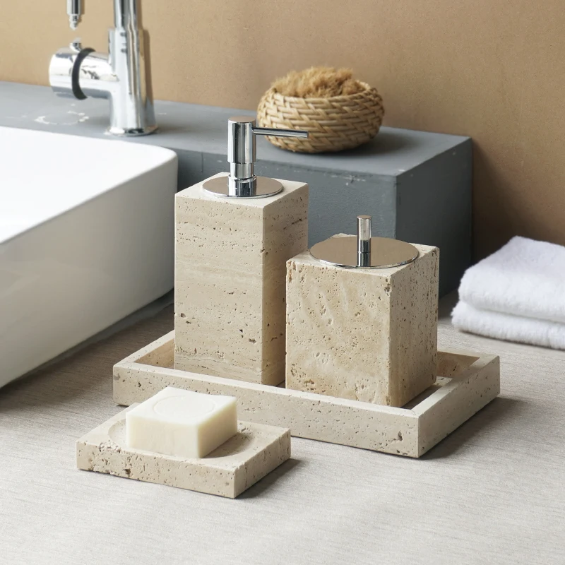 Beige Travertine Bathroom Accessories Set Natural Marble Soap Dispenser Soap Dish Reed Diffuser Vanity Tray Bathroom Set