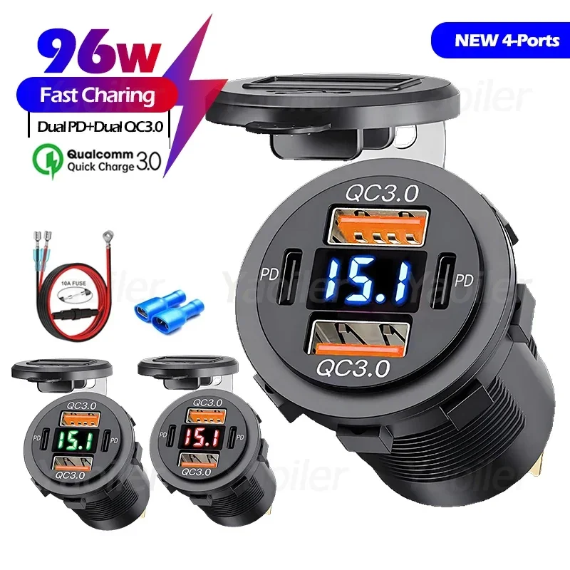 NEW 4-Port 12-24V 96W Car Charger Power Outlet Socket Dual QC3.0 USB & Dual PD3.0 Type-C Fast Charging Outlet with LED Voltmeter