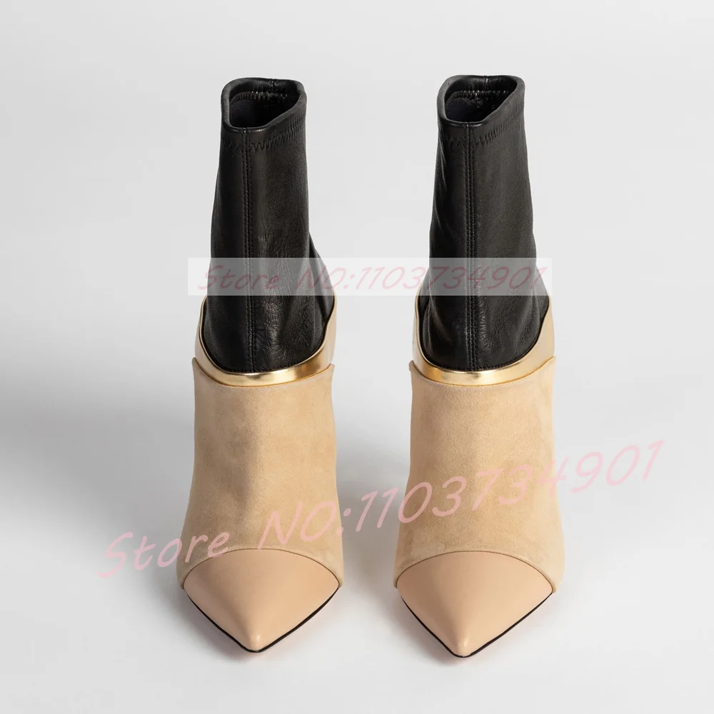 Patchwork Multicolor Metallic Heel Ankle Boots Women Retro Beige Suede Point-toe High Heels Boots Lady Stylish Chic Slip-on Boot