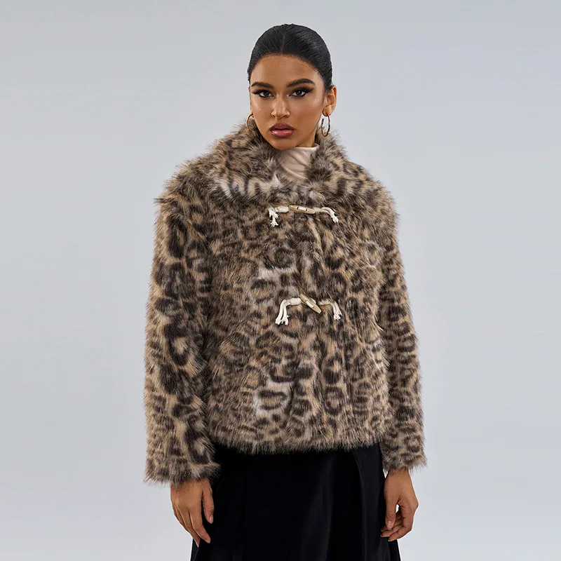 Lapel Leopard Faux Fur Coat Women Winter Short Horn Button Fluffy Jacket Long Sleeves Artificial Plush Fur Coat Furry Overcoat