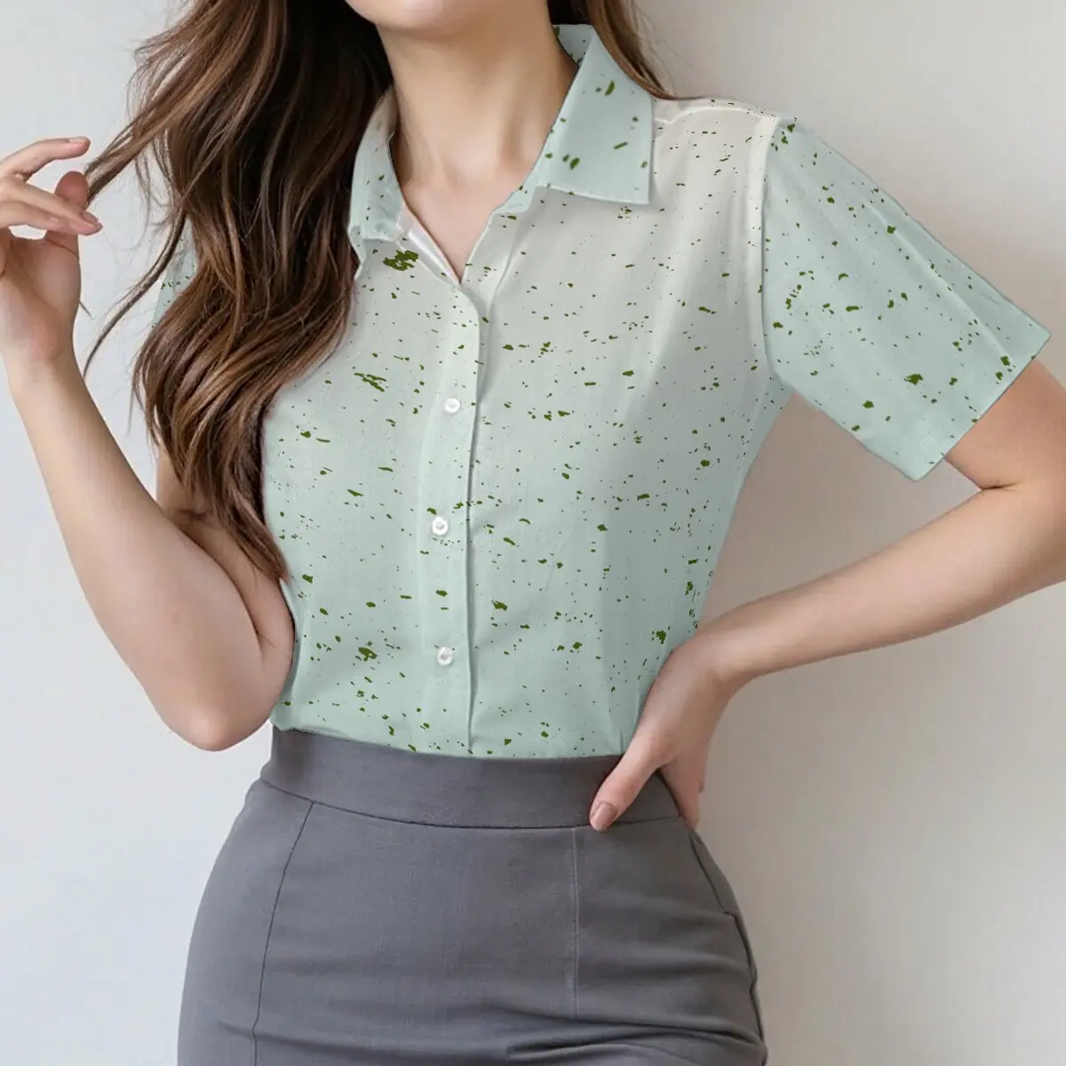 

Minimalist and personalized ink dyed printed women's short sleeved lapel shirt, summer fashion, daily versatile casual top