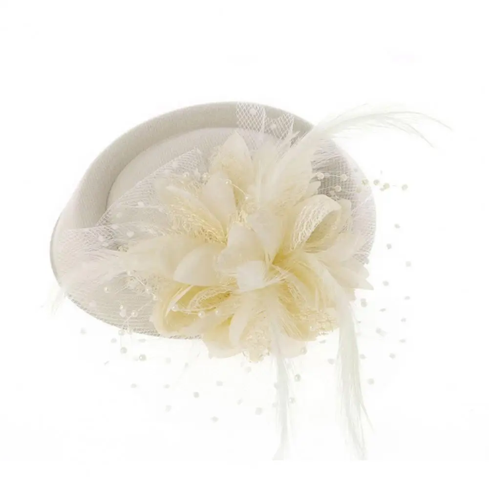 Exquisite Sweet Fascinator Hat with Hair Clip Decorative Anti-fall Faux Feather Flower Mesh Hat Hair Accessories