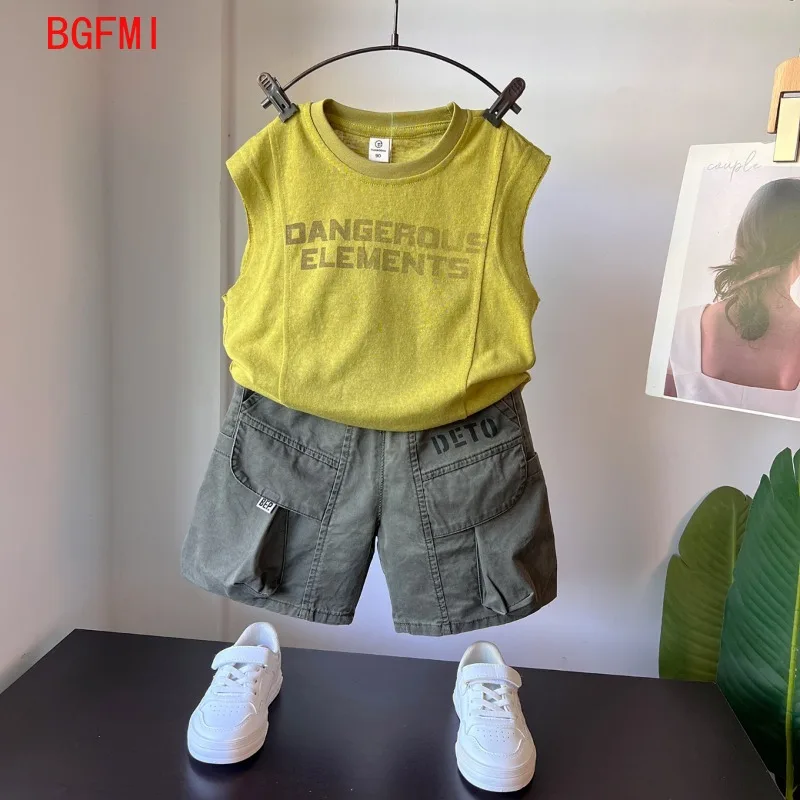 2-12Y Summer Kids Outfits Boys Girls Korean Cotton Sleeveless Yellow Letter Shirt +Shorts 2 Pcs Set Fashion Baby Boy Costume
