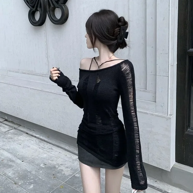 Black Vintage Y2K Hollow Out Knitted Sweater Women Harajuku Sexy Slim Off Shoulder Jumper Korean Long Sleeve Tops Kpop Grunge