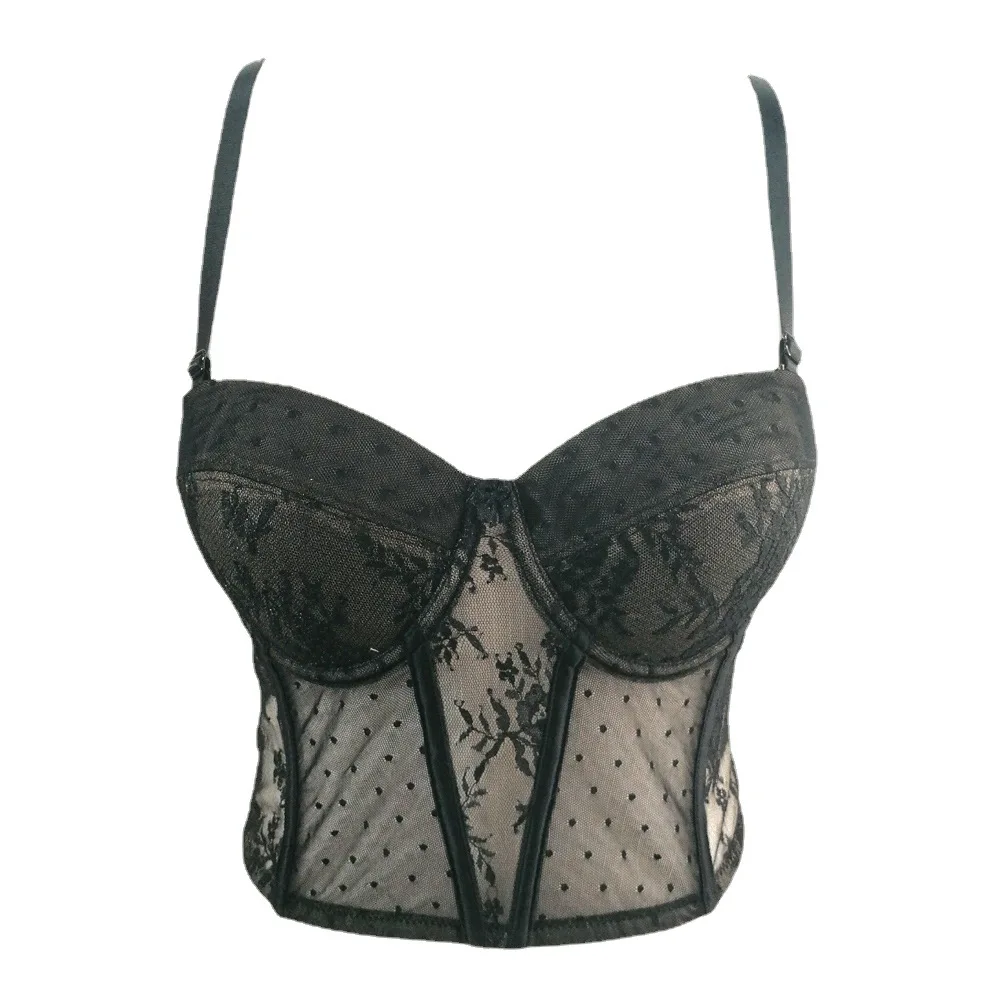 

Women's See-Through Mesh Corset Top with Lace & Boning | Sheer Bustier Cami for Clubbing, Night Out, Rave Festival Sexy Crop Top