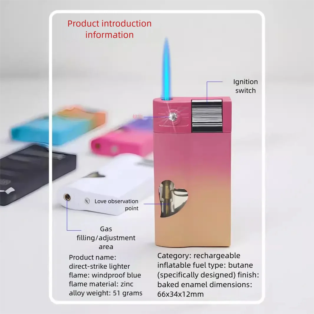 New Metal Ultra-thin Heart-shaped Visible Window Inflatable Lighter with High Aesthetic Value, Windproof Jet Flame Lighter Gift