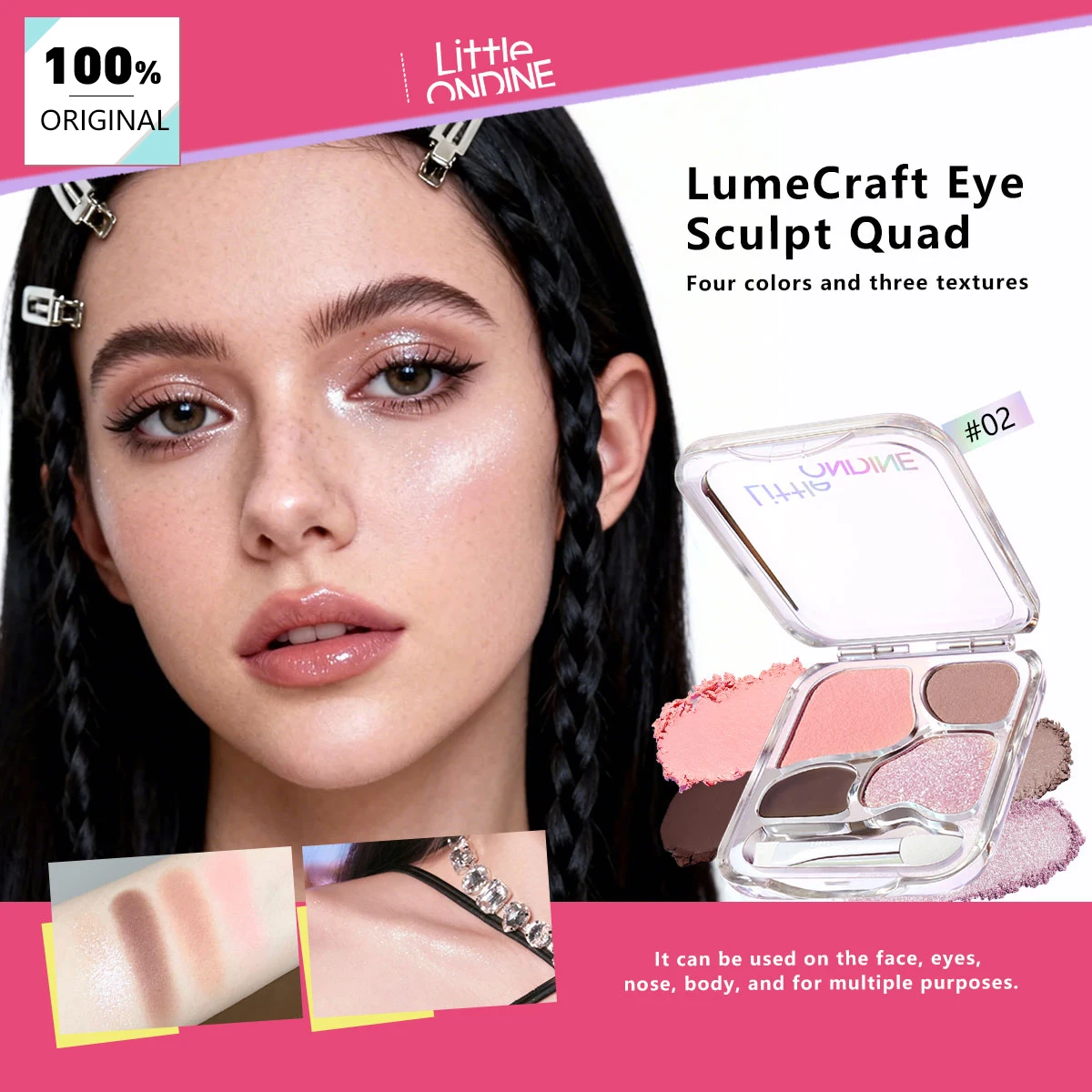 LITTLE ONDINE LumeCraft Eye Sculpt Quad 02 Whisper Blushpink,Smooth Powder Texture,Fresh Nude Makeup,Luxury Makeup