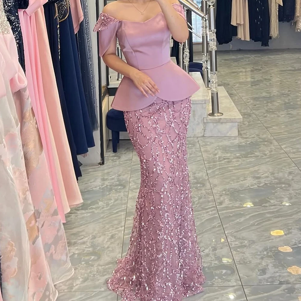 

Customized A-line Evening Dresses Floor-length Off The Shoulder Sleeveless Prom Gown Fashion Sequined Simple Draped Party Gown